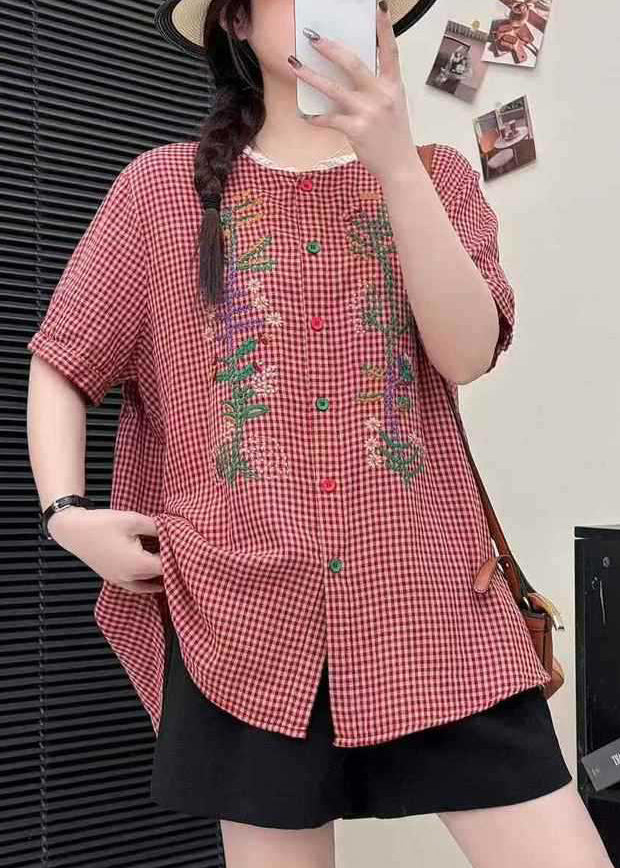 Stylish Red Embroidered Patchwork Linen Shirts Summer