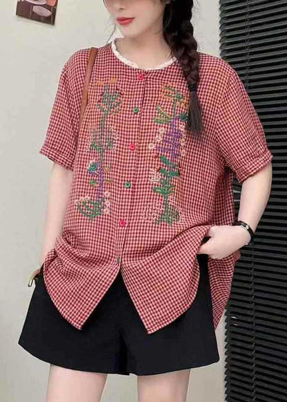 Stylish Red Embroidered Patchwork Linen Shirts Summer