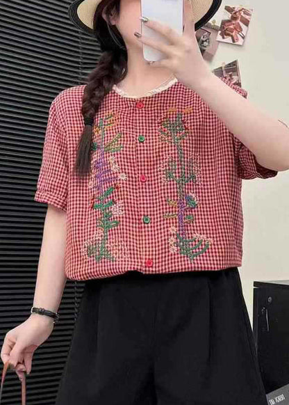 Stylish Red Embroidered Patchwork Linen Shirts Summer