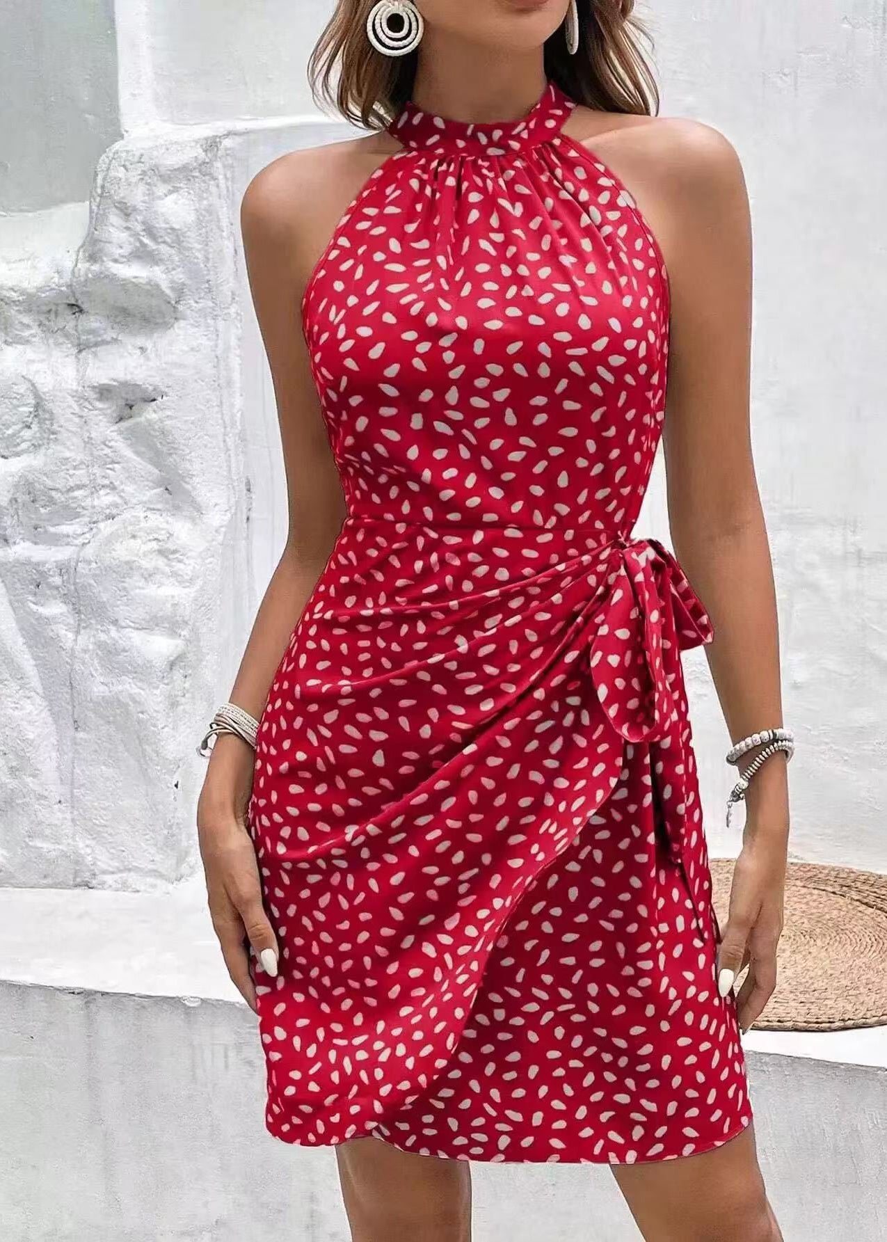 Stylish Red Hatler Print Chiffon Vacation Dress Summer