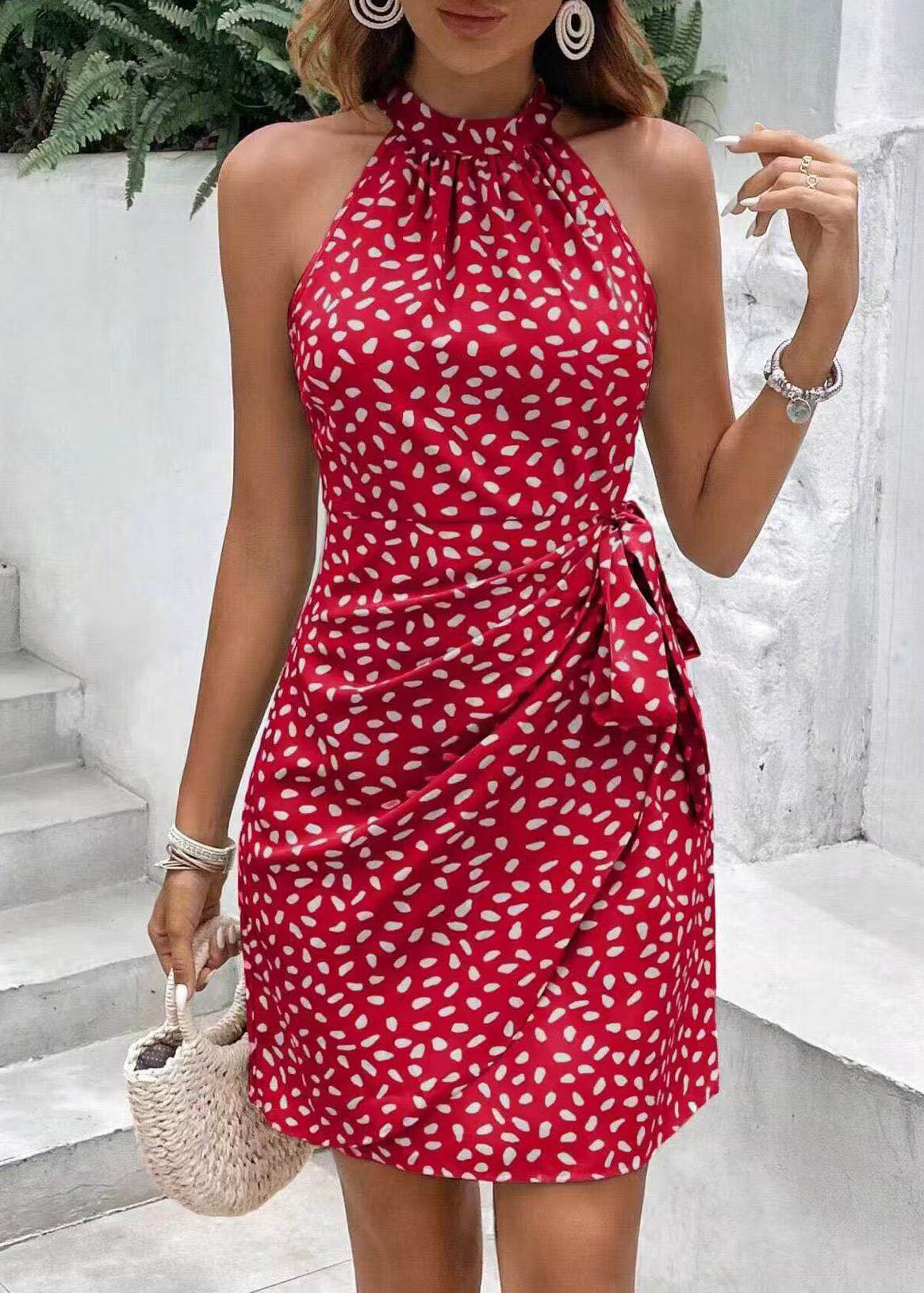 Stylish Red Hatler Print Chiffon Vacation Dress Summer