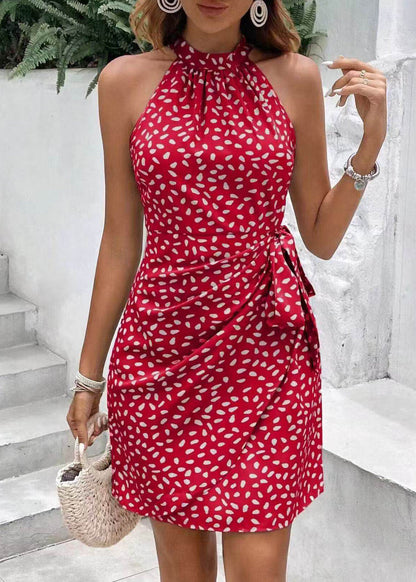 Stylish Red Hatler Print Chiffon Vacation Dress Summer