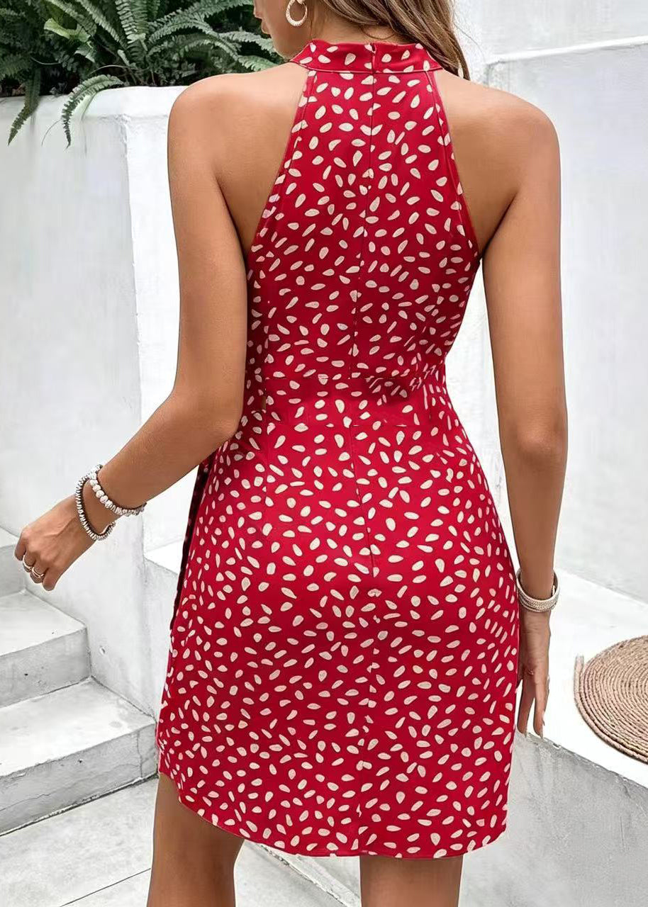 Stylish Red Hatler Print Chiffon Vacation Dress Summer