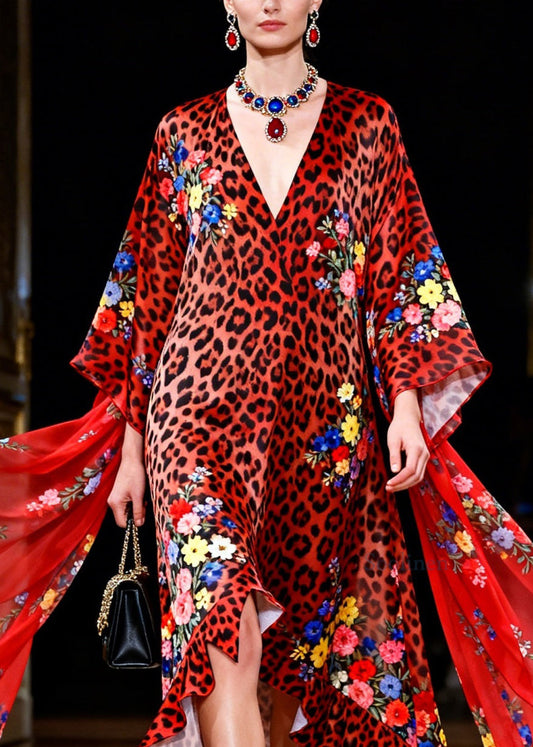 Stylish Red Leopard Ruffled Patchwork Chiffon Robe Dresses Summer