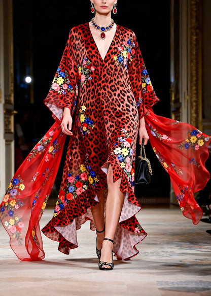 Stylish Red Leopard Ruffled Patchwork Chiffon Robe Dresses Summer