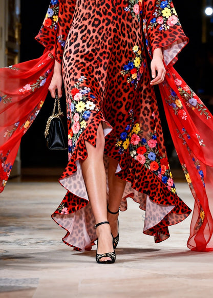 Stylish Red Leopard Ruffled Patchwork Chiffon Robe Dresses Summer