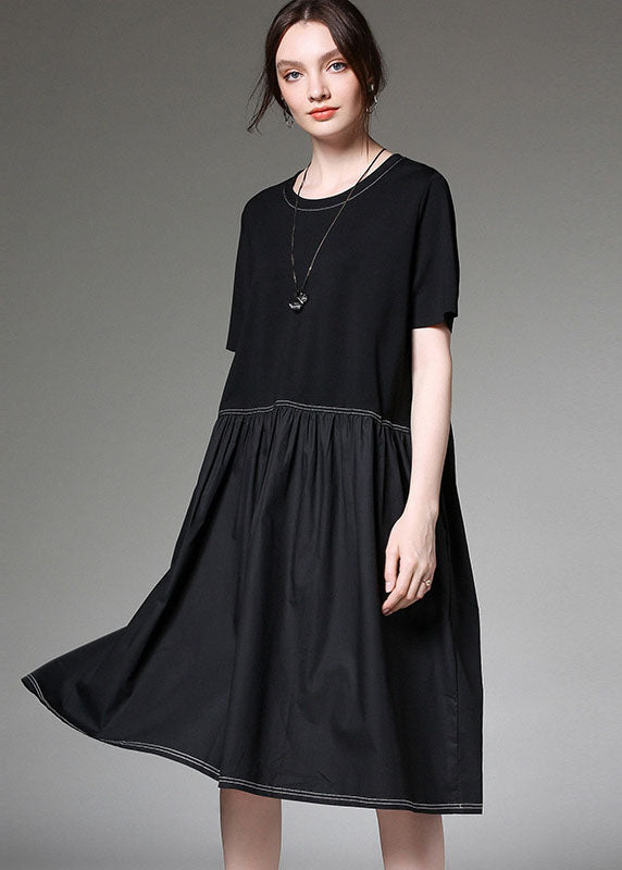 Stilvolle rote O-Ausschnitt Patchwork Baumwolle Kleider Kurzarm