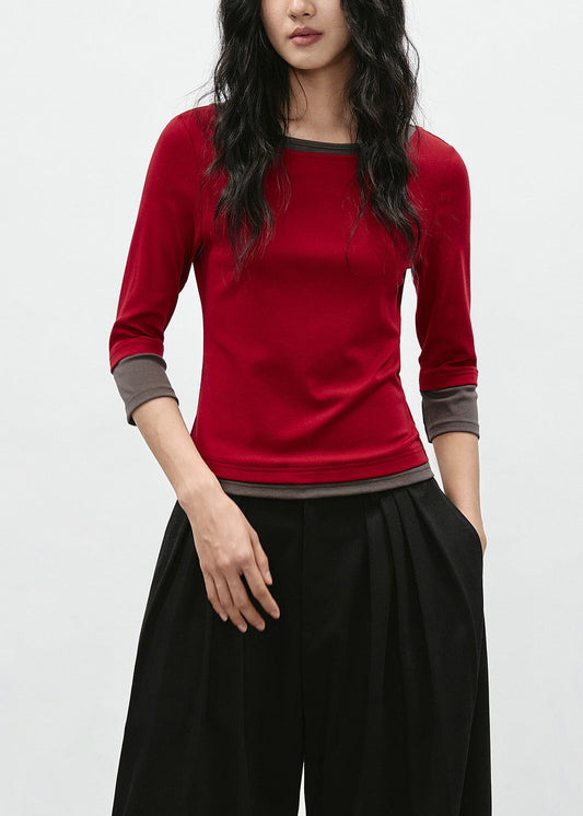 Stylish Red O Neck Patchwork Cotton Tops Bracelet Sleeve
