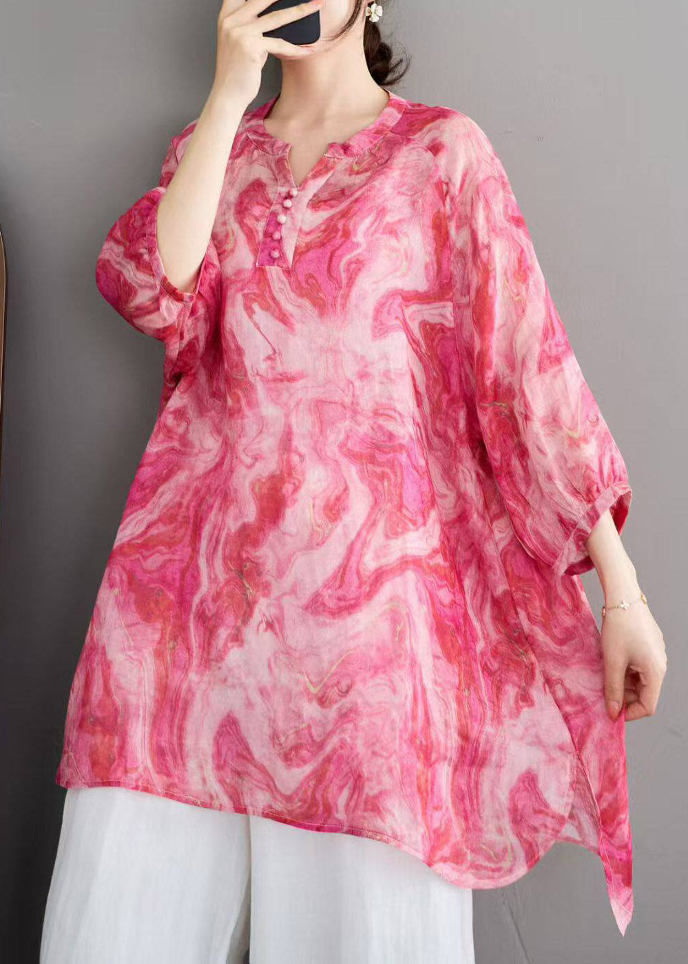 Stylish Red O-Neck Print Linen Shirts Three Quarter Sleeve