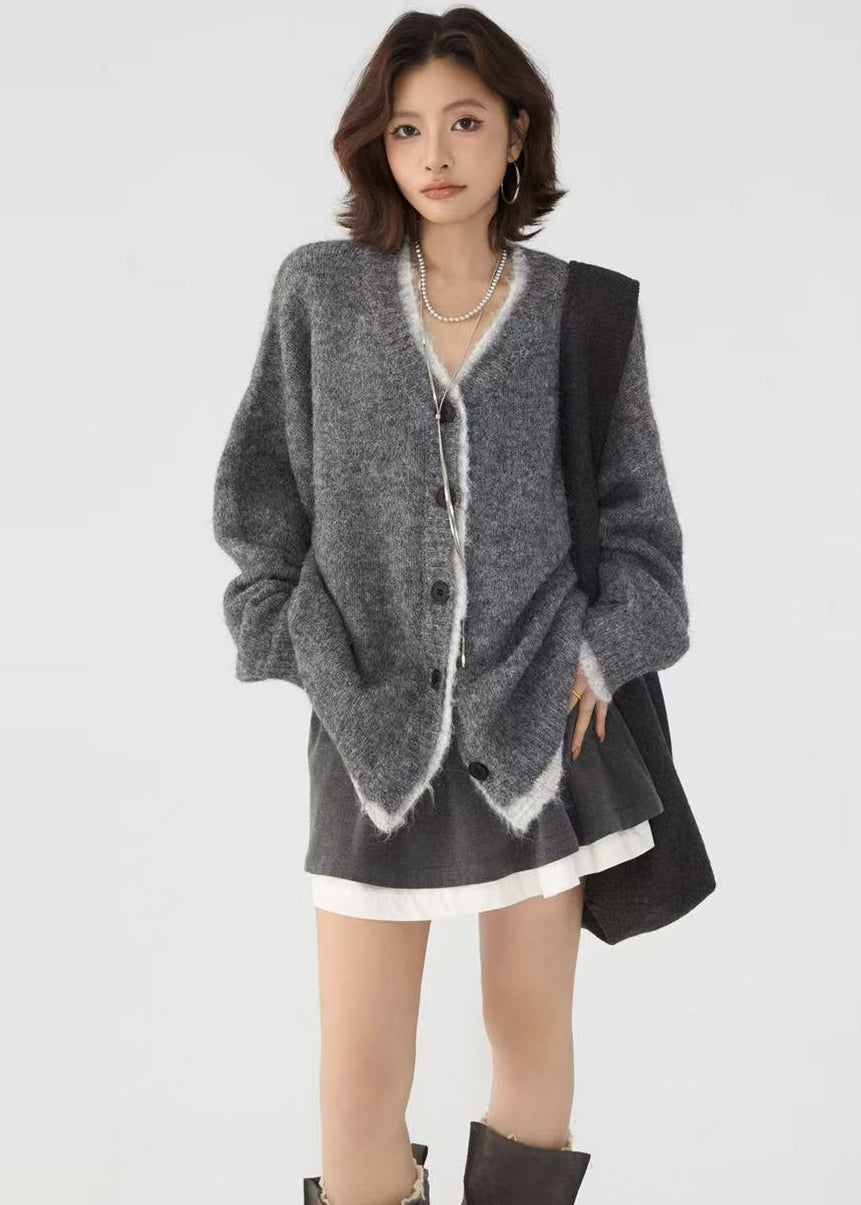 Elegante cárdigan rojo oversize de punto patchwork falso de dos piezas para invierno