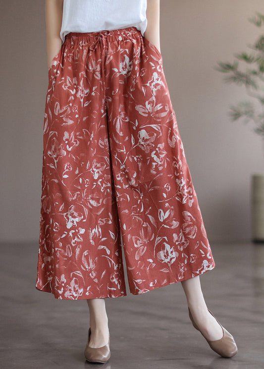 Pantalones de verano con cintura elástica y pierna ancha y cordón ajustable con estampado rojo elegante