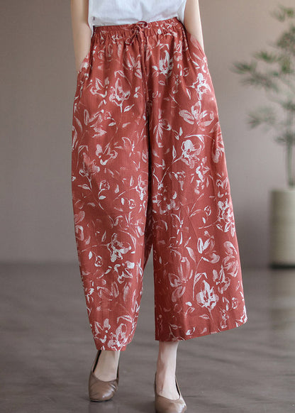 Pantalones de verano con cintura elástica y pierna ancha y cordón ajustable con estampado rojo elegante