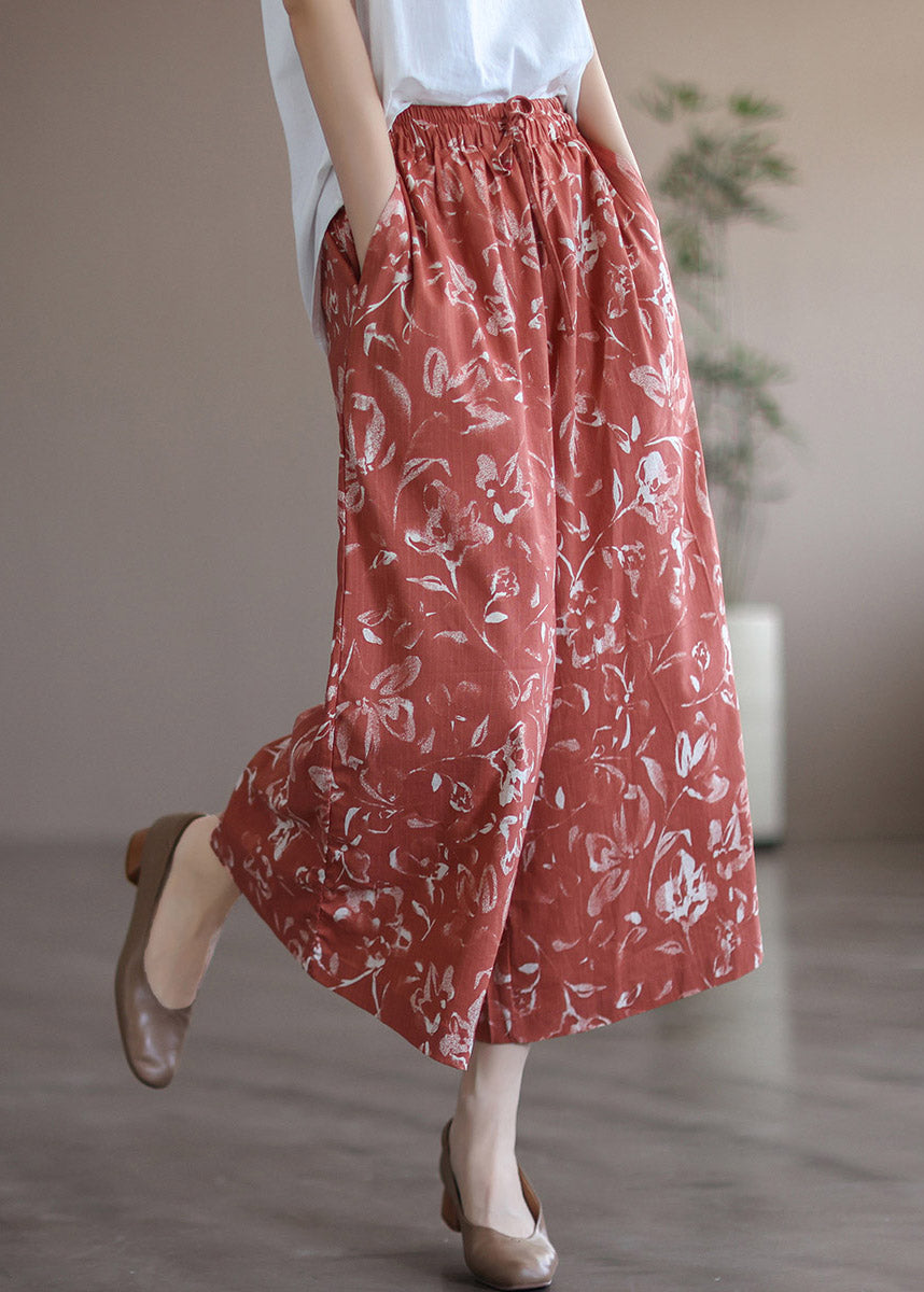 Pantalones de verano con cintura elástica y pierna ancha y cordón ajustable con estampado rojo elegante
