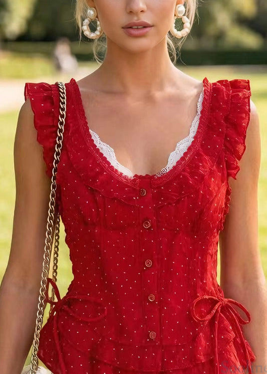Stylish Red Ruffled Lace Bow Patchwork Cotton Top Summer