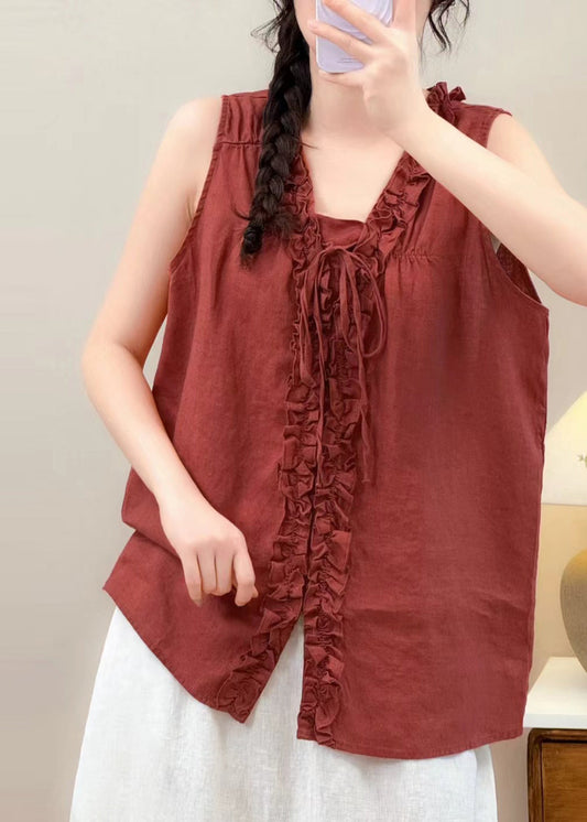 Stylish Red Ruffled Oversized Linen Shirt Summer