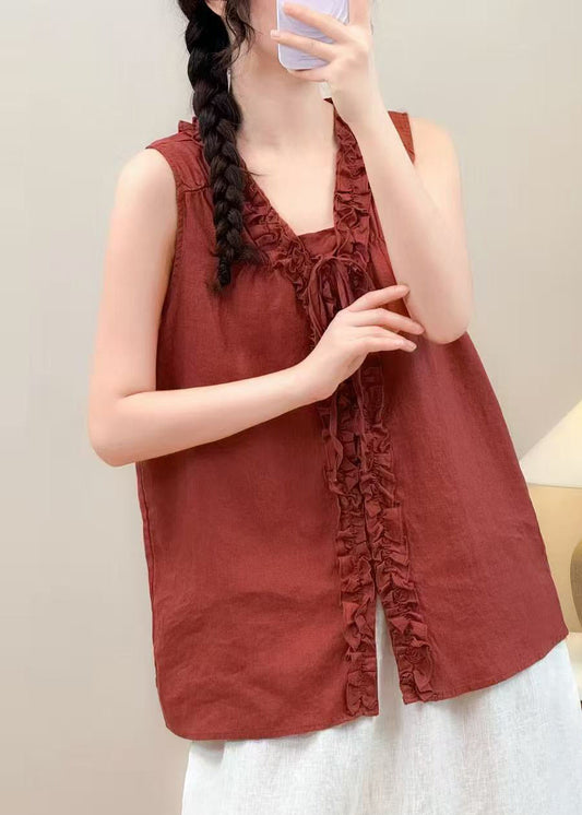 Stylish Red Ruffled Oversized Linen Shirt Summer