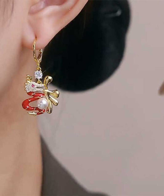 Elegantes pendientes colgantes con forma de dragón y perla de circonita de aleación de plata esterlina roja