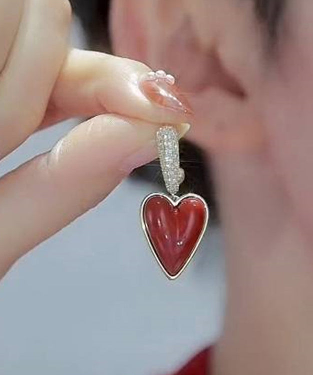 Elegantes pendientes colgantes de plata de ley roja con circonitas doradas y esmaltado con goteo de amor