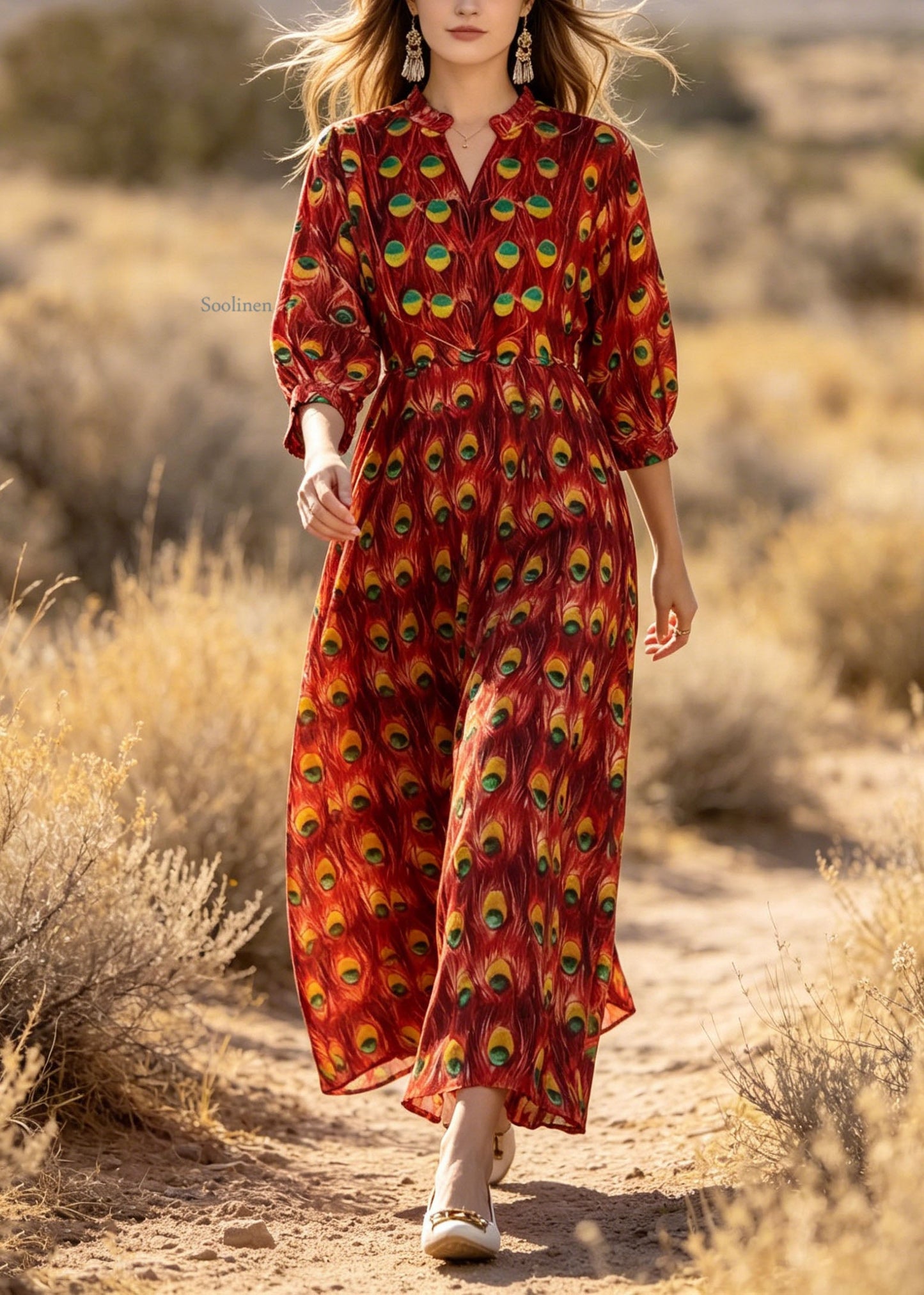 Stylish Red V Neck Print Cotton Dress Lantern Sleeve