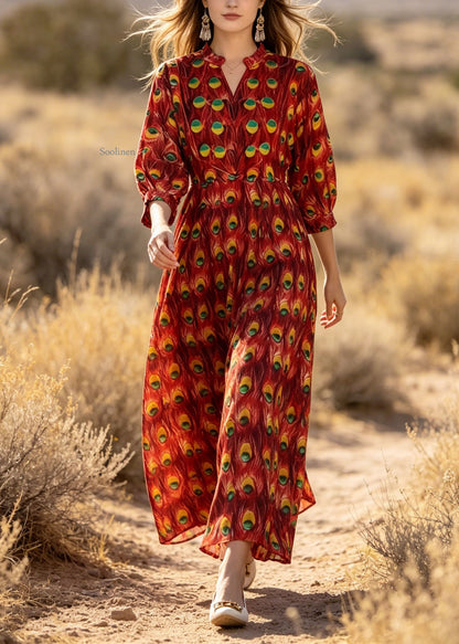 Stylish Red V Neck Print Cotton Dress Lantern Sleeve