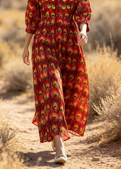 Stylish Red V Neck Print Cotton Dress Lantern Sleeve