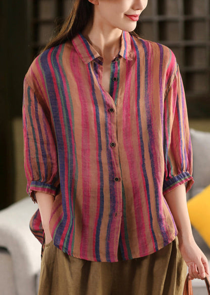 Stylish Rose Peter Pan Collar Striped Linen Shirts Bracelet Sleeve