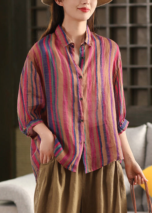 Stylish Rose Peter Pan Collar Striped Linen Shirts Bracelet Sleeve