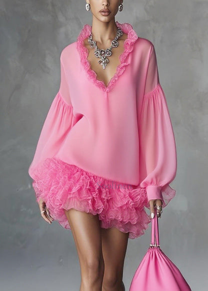 Stylish Rose Ruffled Patchwork Chiffon Mini Dresses Spring