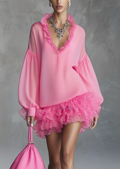 Stylish Rose Ruffled Patchwork Chiffon Mini Dresses Spring
