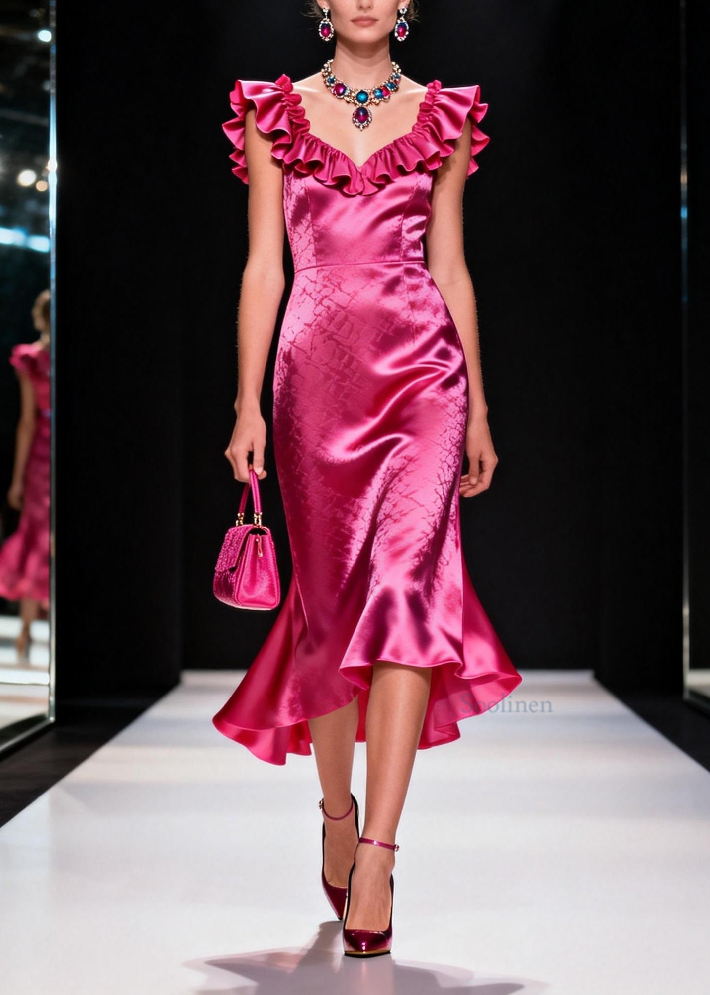 Stylish Rose Ruffled Patchwork Silk Long Dress Summer