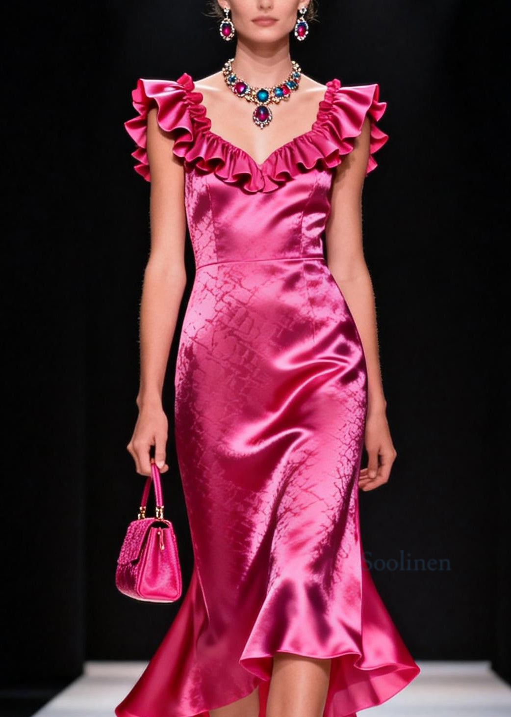 Stylish Rose Ruffled Patchwork Silk Long Dress Summer