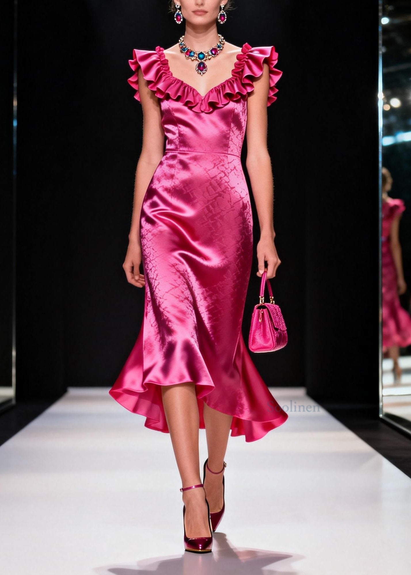 Stylish Rose Ruffled Patchwork Silk Long Dress Summer