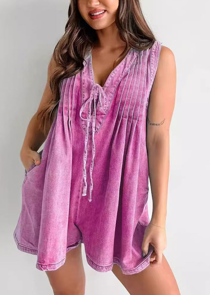 Stylish Rose V Neck Lace Up Dnim Jumpsuit Sleeveless