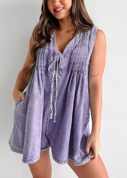 Stylish Rose V Neck Lace Up Dnim Jumpsuit Sleeveless
