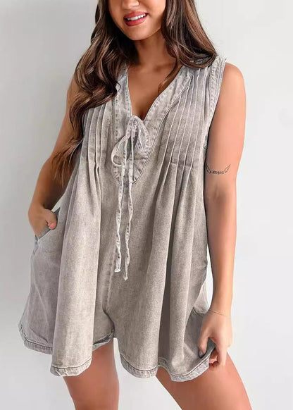 Stylish Rose V Neck Lace Up Dnim Jumpsuit Sleeveless