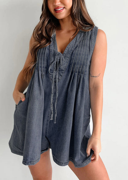 Stylish Rose V Neck Lace Up Dnim Jumpsuit Sleeveless