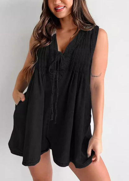 Stylish Rose V Neck Lace Up Dnim Jumpsuit Sleeveless