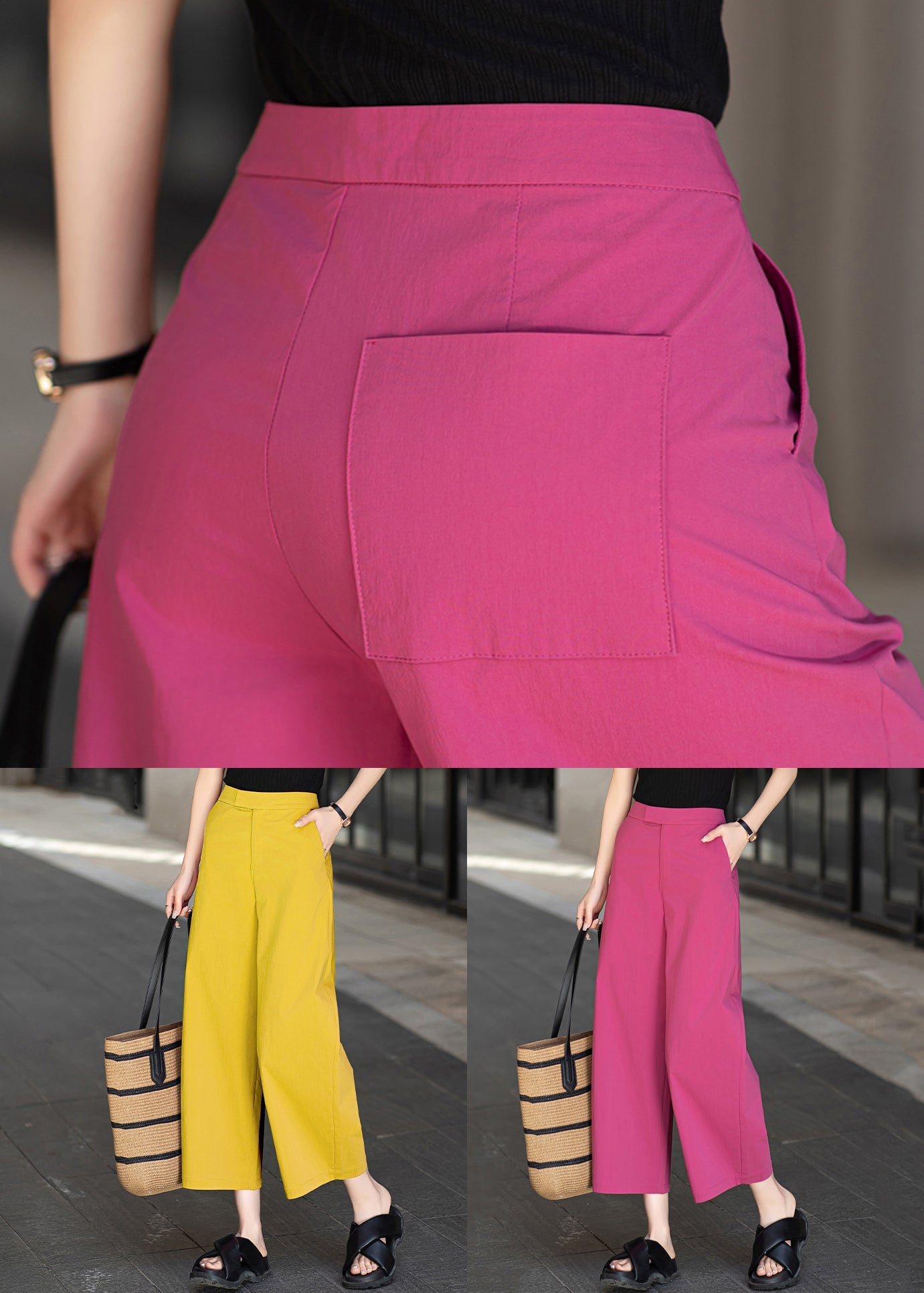 Stilvolle, hochtaillierte Baumwoll-Crop-Hose mit Rosenmuster, Reißverschlusstaschen und hohem Bund für den Sommer