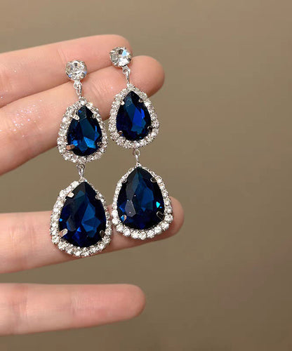 Stylish Royal Blue Alloy Zircon Gem Stone Water Droplet Drop Earrings