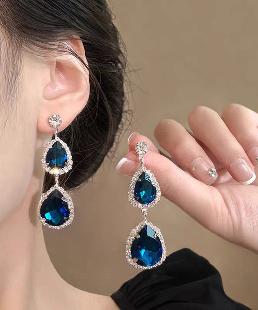 Stylish Royal Blue Alloy Zircon Gem Stone Water Droplet Drop Earrings