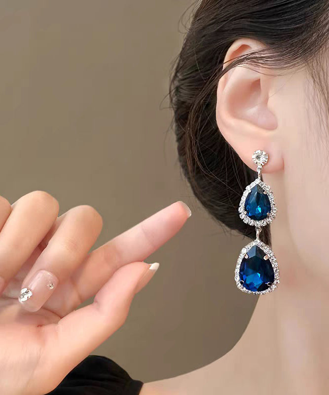 Stylish Royal Blue Alloy Zircon Gem Stone Water Droplet Drop Earrings