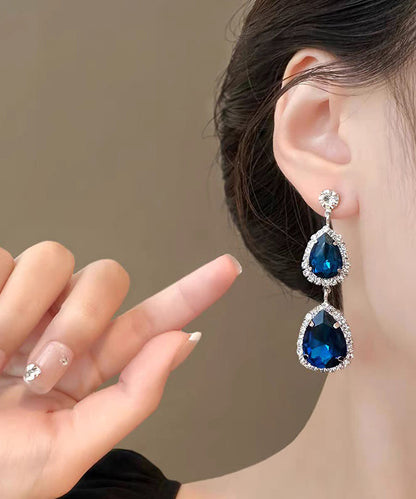 Stylish Royal Blue Alloy Zircon Gem Stone Water Droplet Drop Earrings