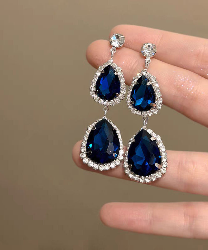 Stylish Royal Blue Alloy Zircon Gem Stone Water Droplet Drop Earrings