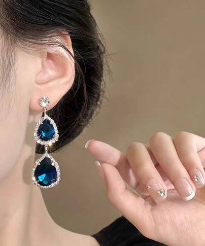 Stylish Royal Blue Alloy Zircon Gem Stone Water Droplet Drop Earrings