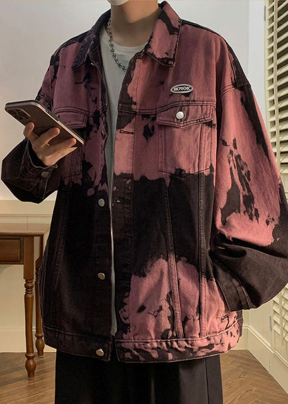 Stylish Rubber Red Tie Dye Pockets Denim Mens Coats Fall