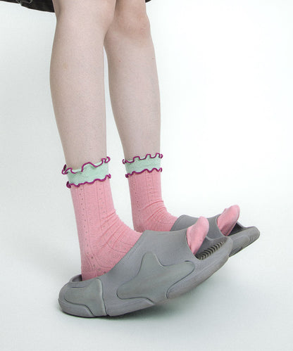 Calcetines de algodón calados con diseño de patchwork y volantes a media pantorrilla