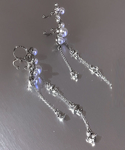 Elegantes pendientes colgantes con borlas de perlas, circonitas y cobre de seda