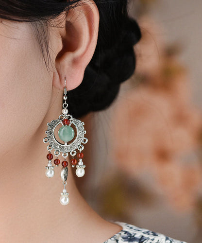 Elegantes pendientes colgantes de ágata y jade de aleación de plata esterlina y seda