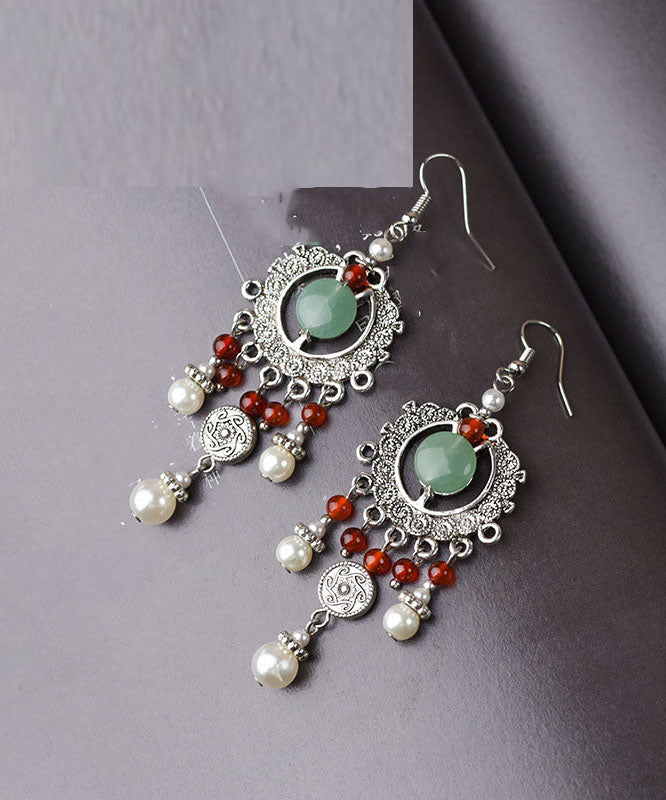 Elegantes pendientes colgantes de ágata y jade de aleación de plata esterlina y seda