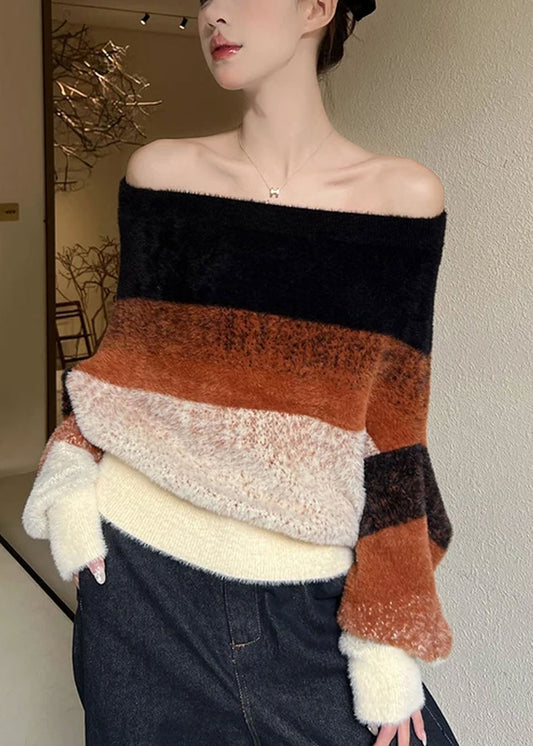 Suéteres de punto con cuello halter, rayas y patchwork para invierno